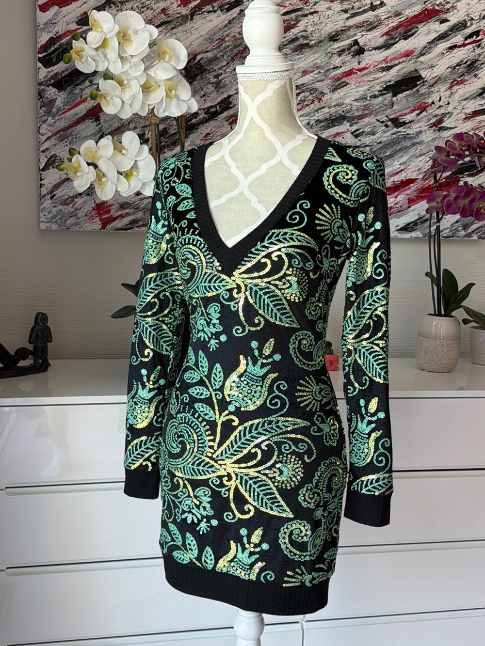Dress the Population Black Dress with Green Paisley Print and Sequins Size SM